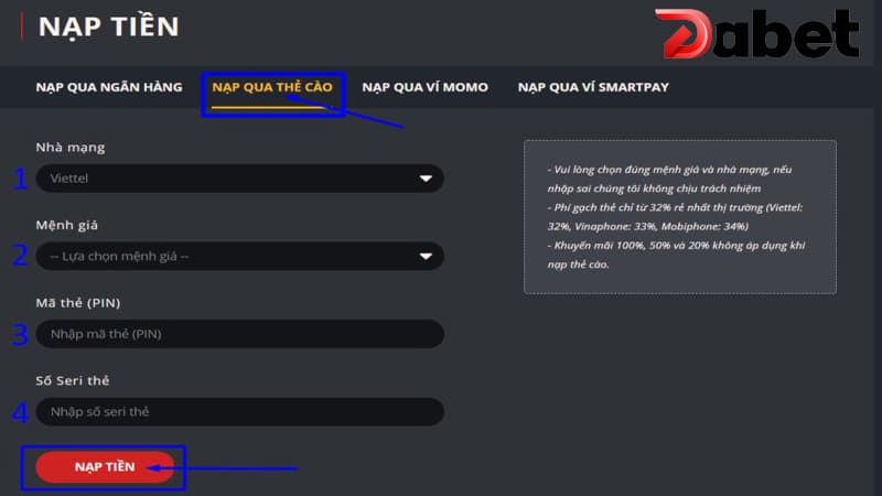 DABET COM – Top 1 nhà cái bóng đá, thể thao & casino uy tín tại Hoa Kỳ 11 Nạp tiền vào tài khoản Dabet